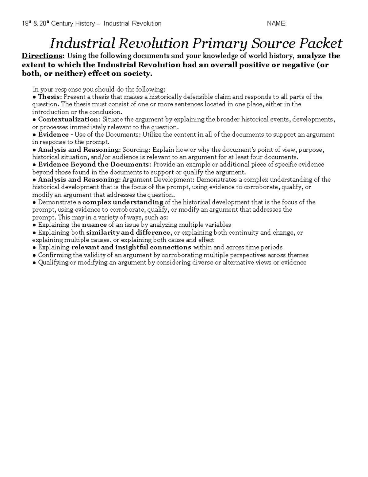 Industrial Revolution DBQ 19 th & 20th Century History Industrial