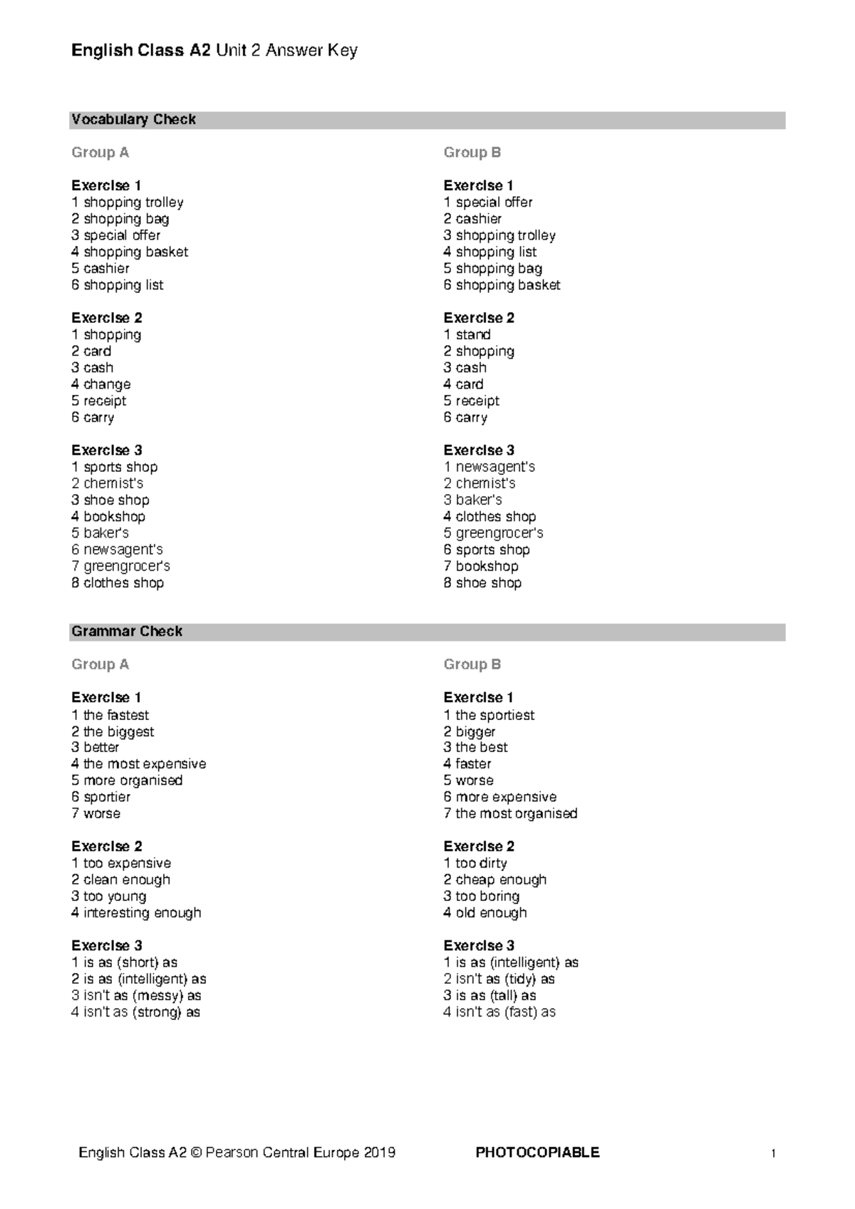 EC A2 Tests - Unit 2 Answer Key and Script - English Class A2 Unit 2 ...