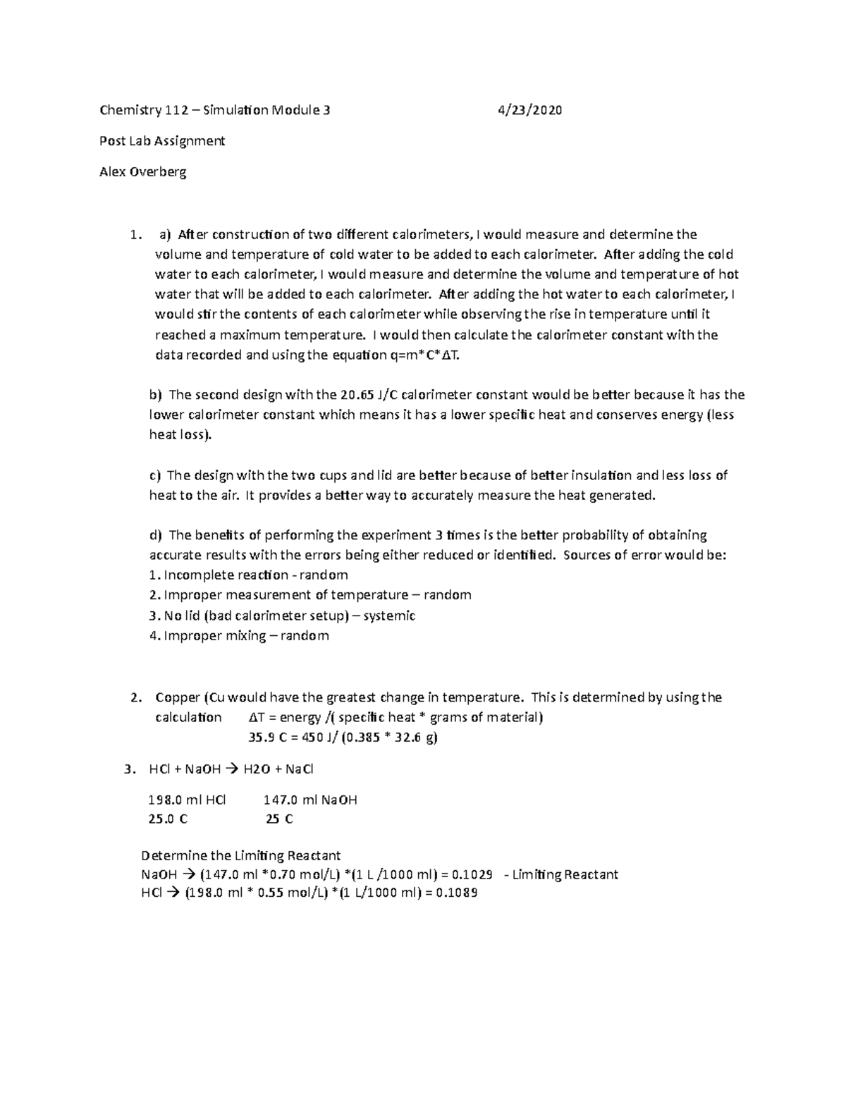 SImulation 3 PostLab Post laboratory worksheet Chemistry 112