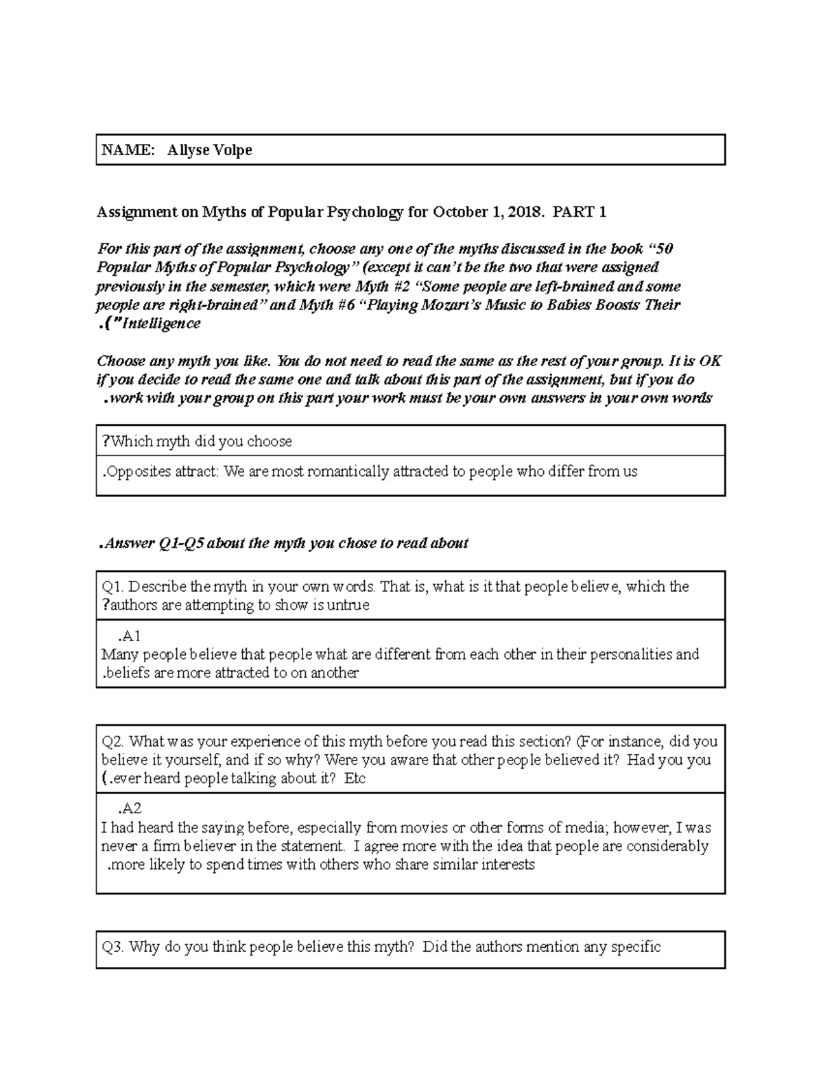 Psych 100-homework 6 myths part 1 - NAME: Allyse Volpe Assignment on ...