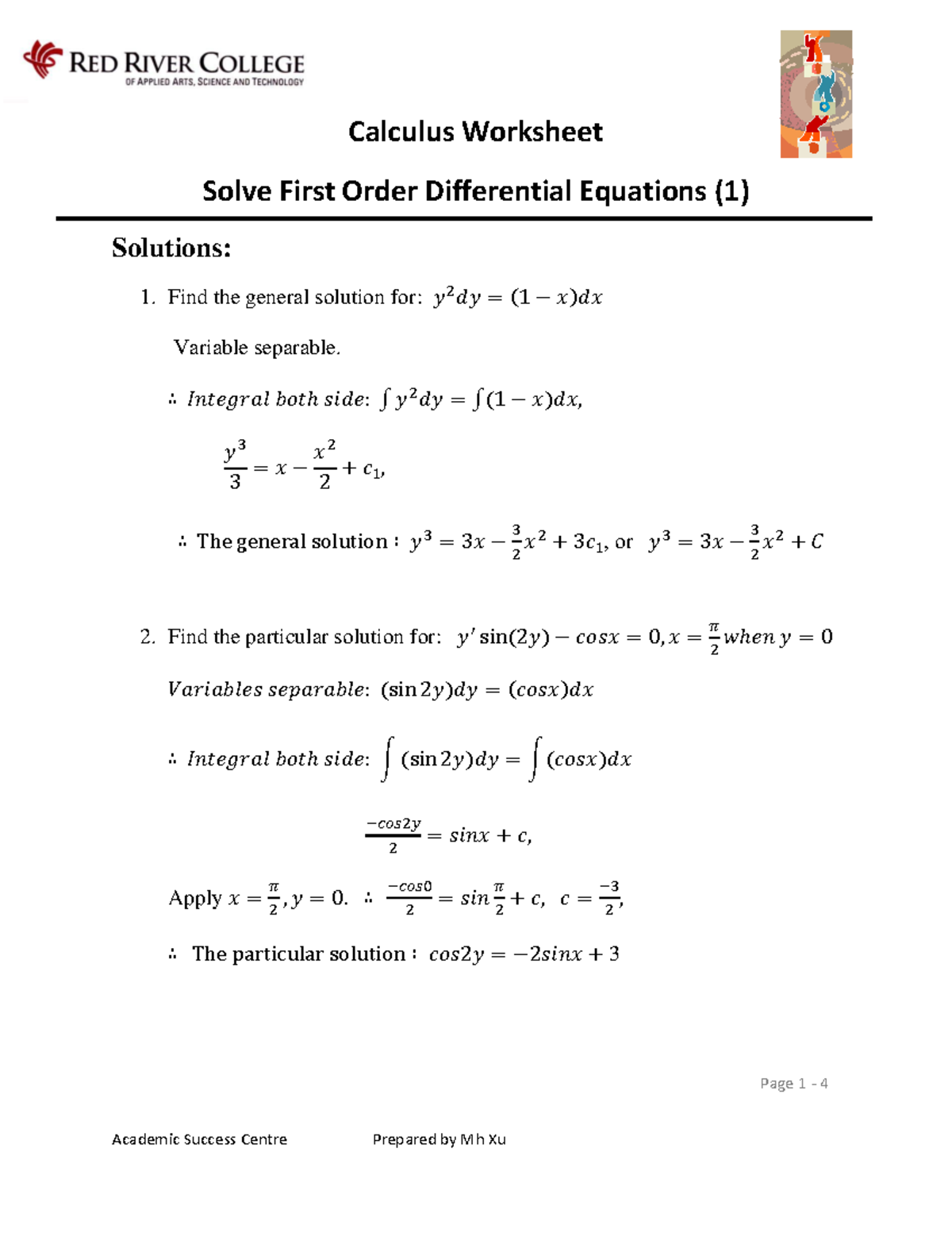 Solutions of Solving First Order DE 1 - Calculus Worksheet Solve First ...