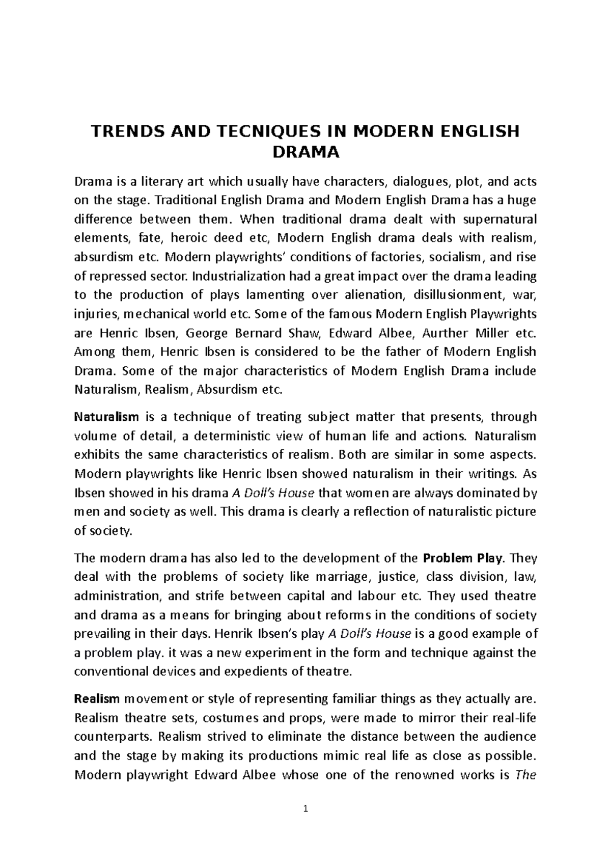 Trends AND Tecniques IN Modern English Drama TRENDS AND TECNIQUES IN