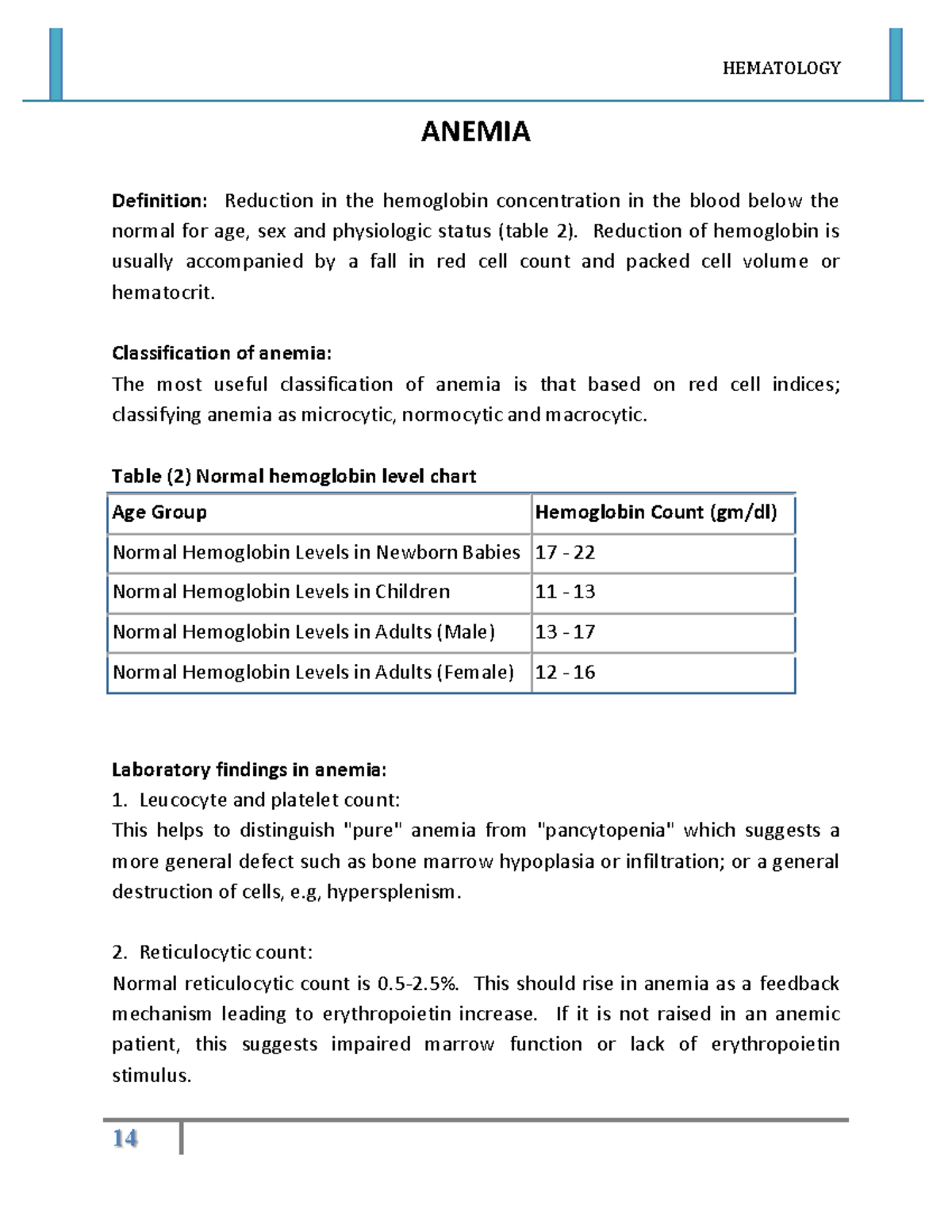 Lecture 2 Clinical Pathology Anemia 14 ANEMIA Definition Reduction