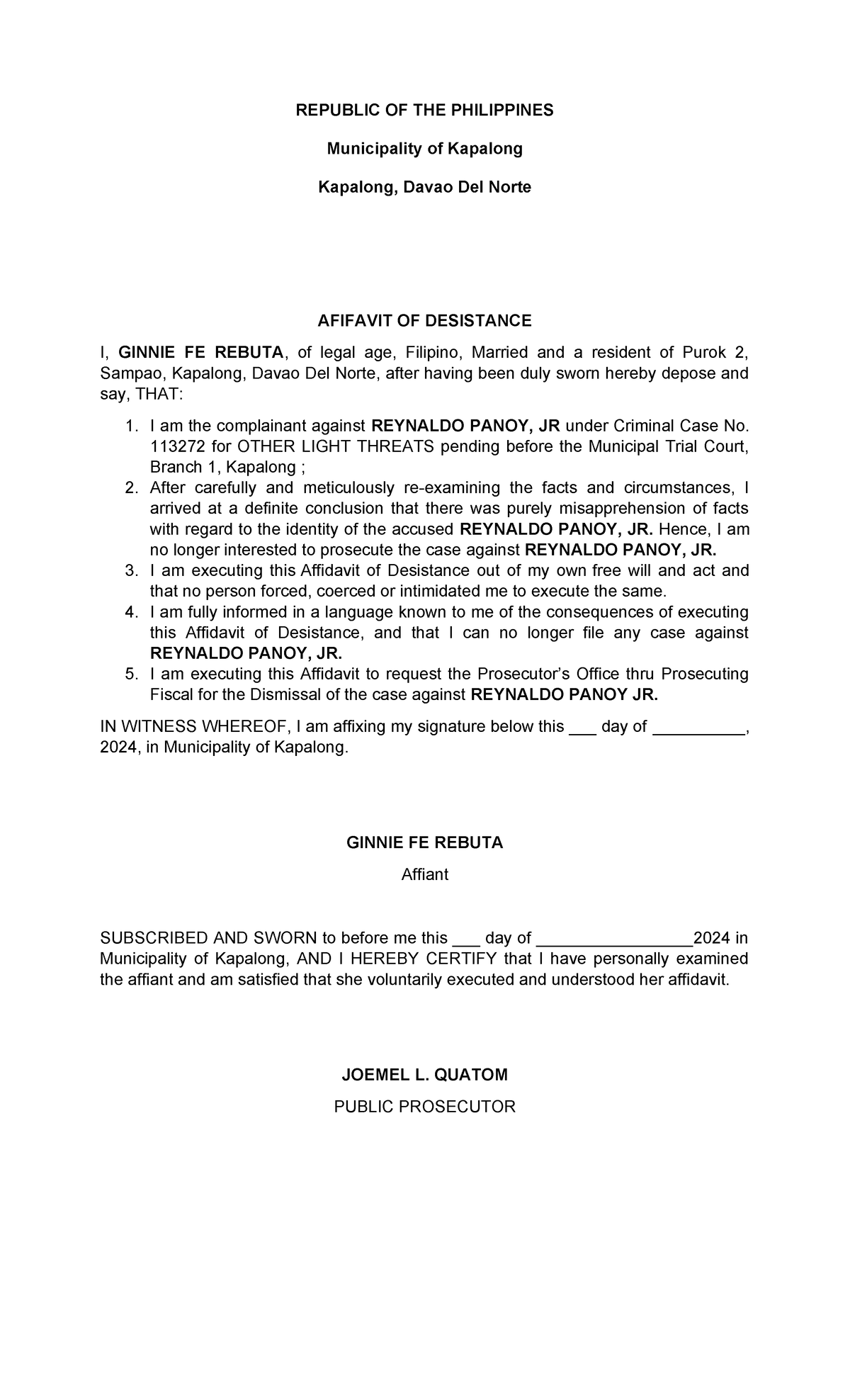 Affidavit-OF- Desistance - REPUBLIC OF THE PHILIPPINES Municipality of ...