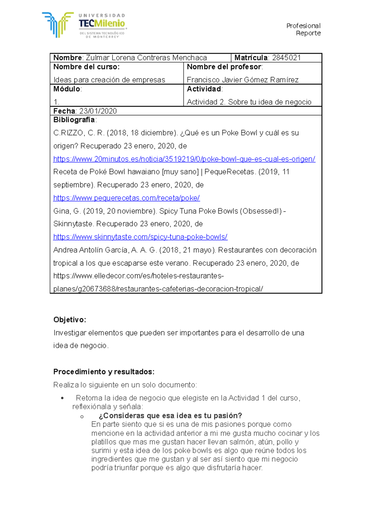 Actividad 2 ideas para creacion de empresas - Reporte Nombre : Zulmar ...