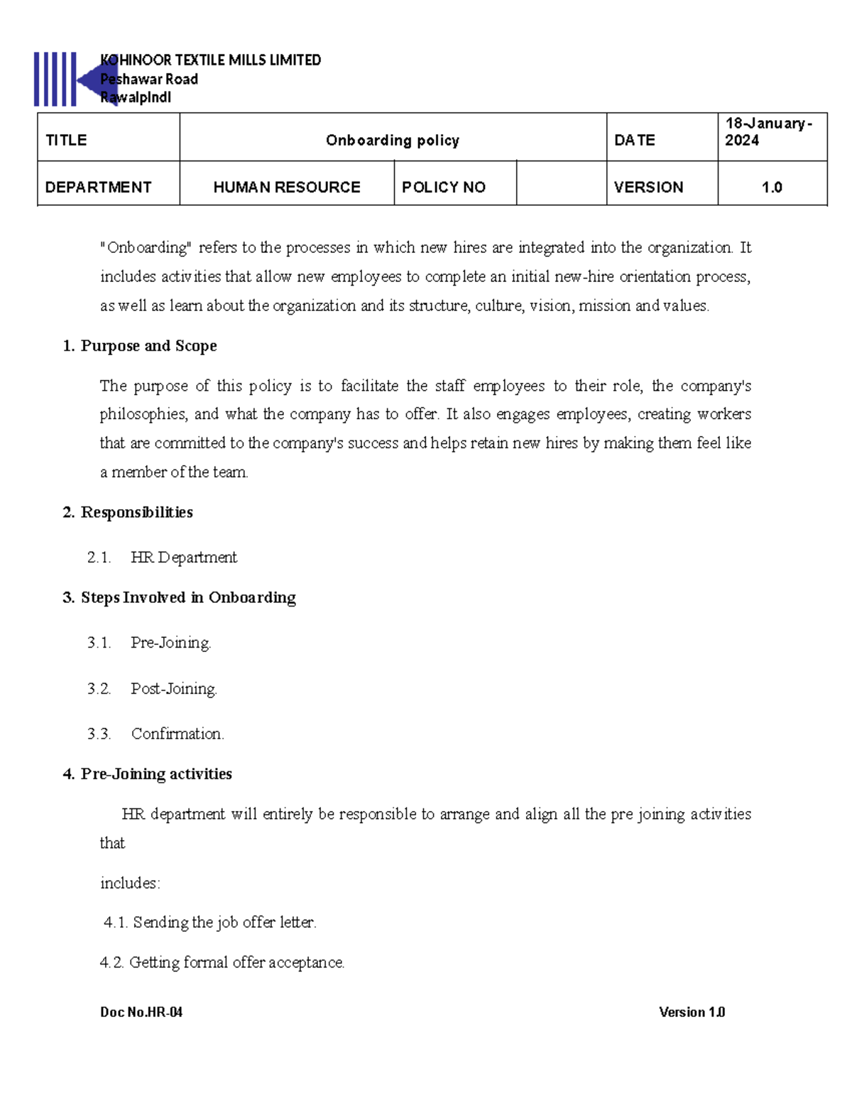 Onbaording Policy - self study notes - Peshawar Road Rawalpindi TITLE ...