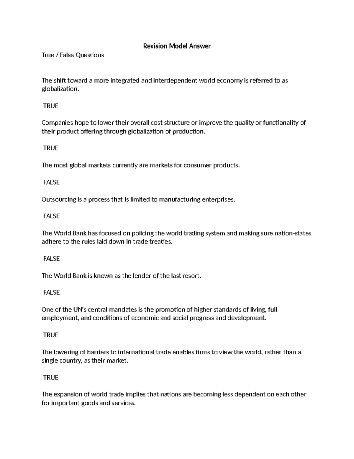 Revision Model Answer - business - Revision Model Answer True / False ...