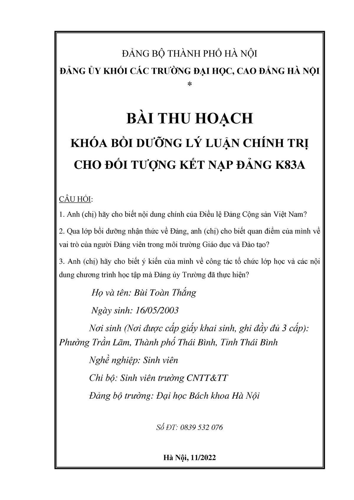 Bài thu hoạch lớp Đối tượng Đảng - ĐẢNG BỘ THÀNH PHỐ HÀ NỘI ĐẢNG ỦY KHỐI CÁC TRƯỜNG ĐẠI HỌC, CAO - Studocu