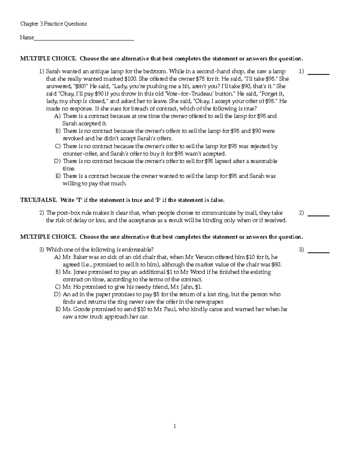 Chapter 3 Practice Questions - Chapter 3 Practice Questions Name