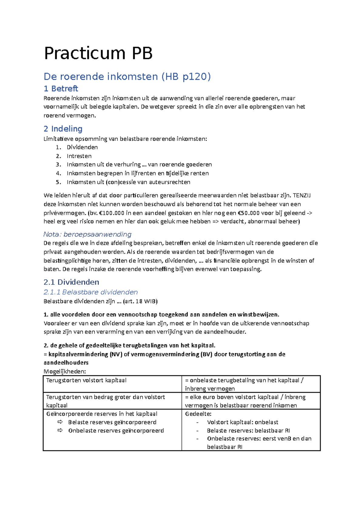 SV pb - personenbelasting - Practicum PB De roerende inkomsten (HB p120 ...