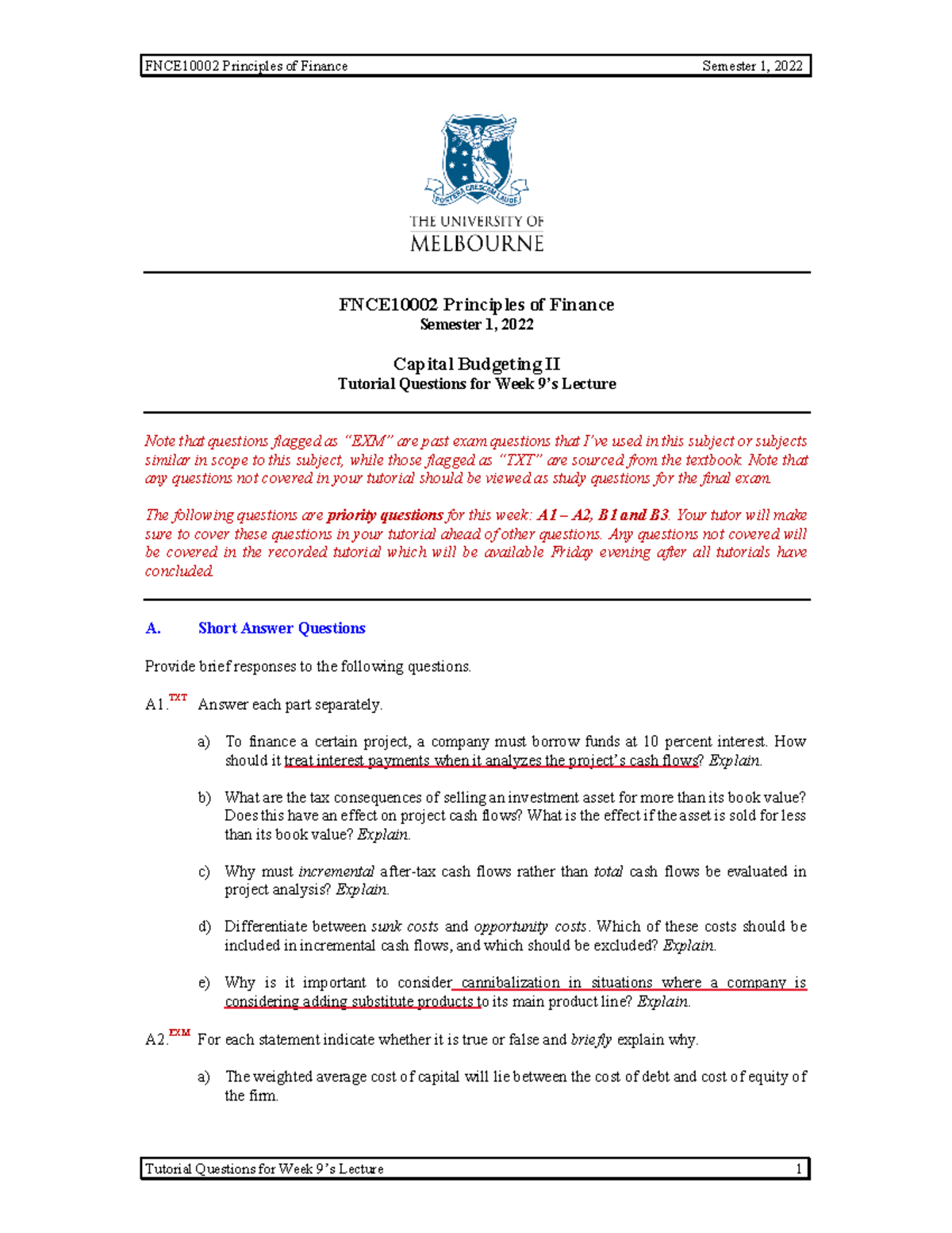 Tutorial 09 - Cap Bud 2 - FNCE10002 Principles of Finance Semester 1 ...