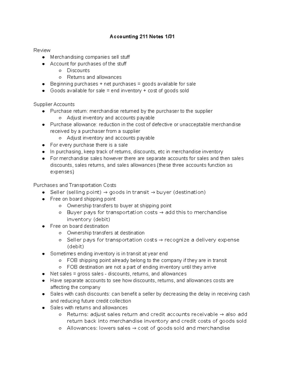 ACTG 211 Notes Class 4B - Accounting 211 Notes 1/31 Review ...