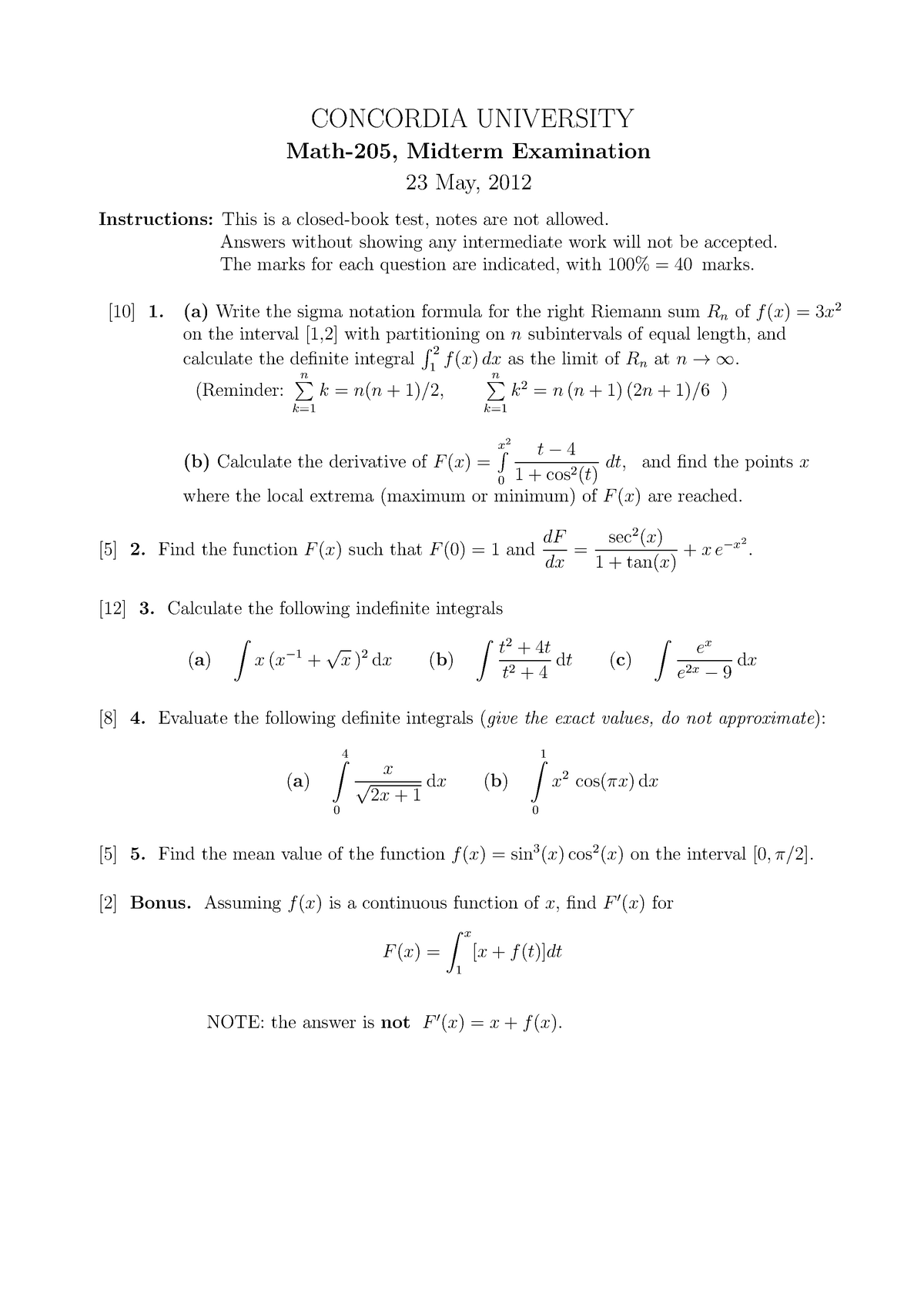 Midterm 2 2012, Questions And Answers - CONCORDIA UNIVERSITY Math-205 ...