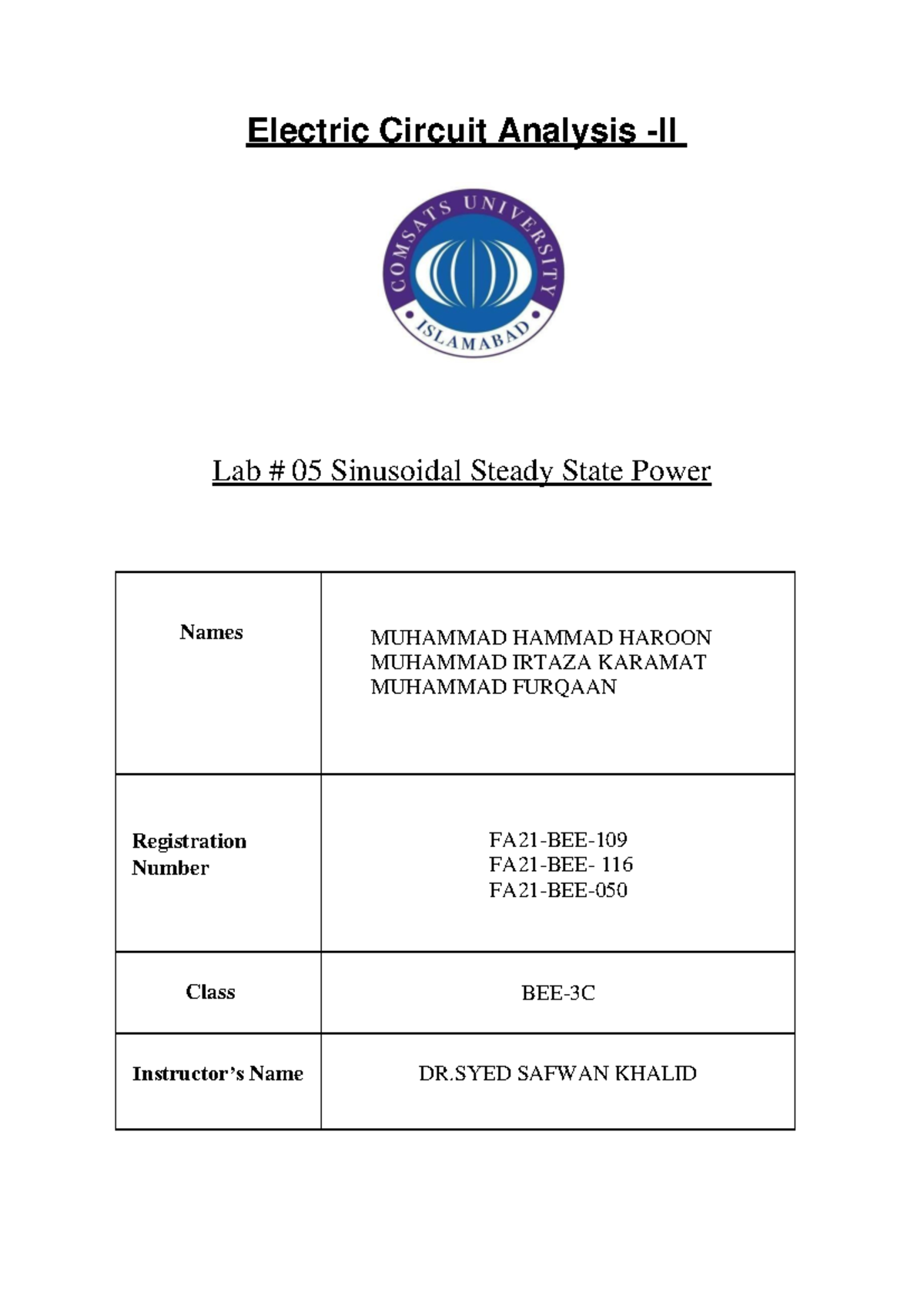LAB 05 LAB Electric Circuit Analysis II Lab 05 Sinusoidal Steady