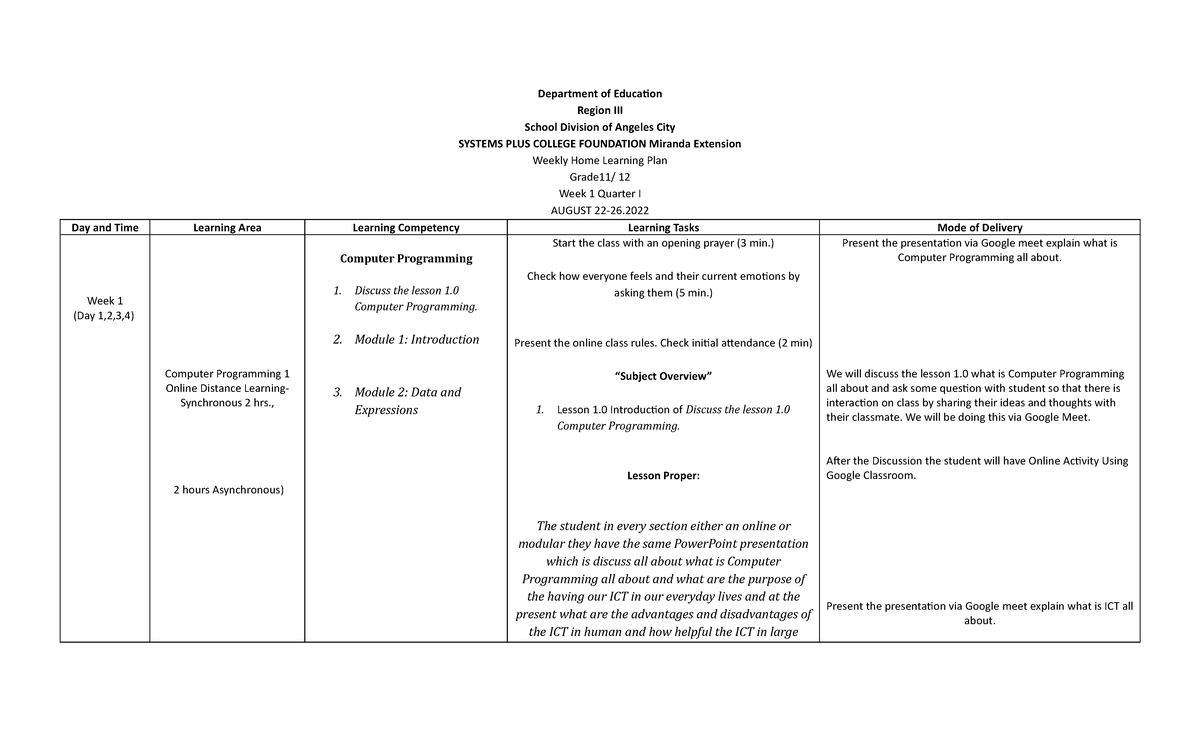 Weekly Home Learning Plan Css-prog - Department Of Education Region Iii 