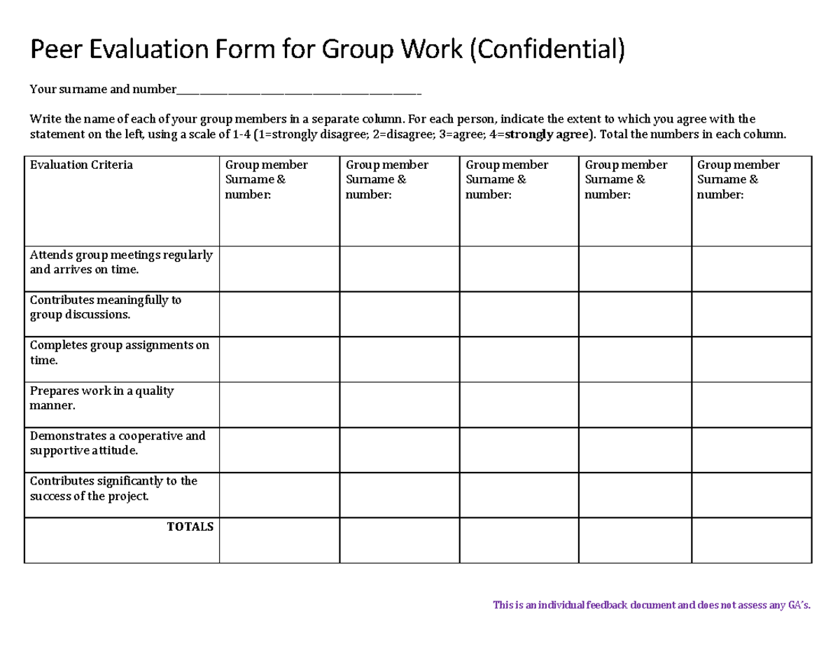 Peer evaluation group work - This is an individual feedback document ...