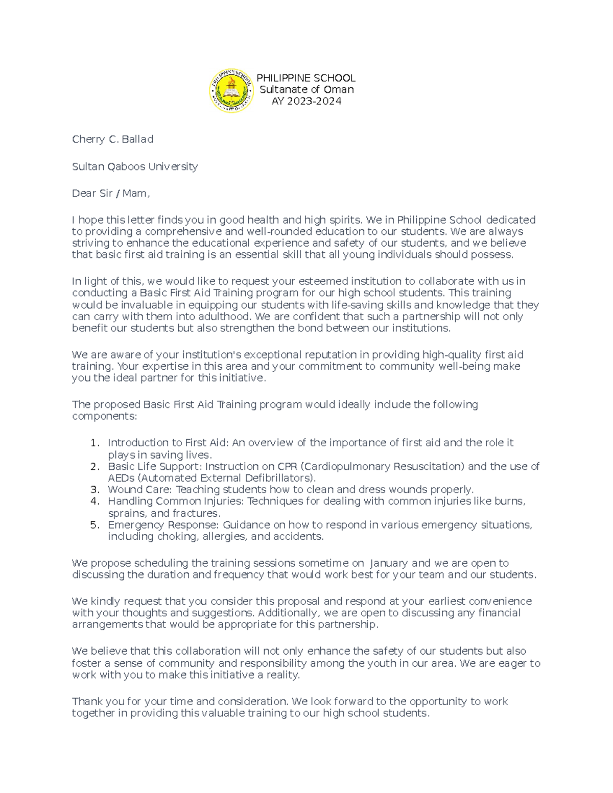 Basic Training letter - PHILIPPINE SCHOOL Sultanate of Oman AY 2023 ...