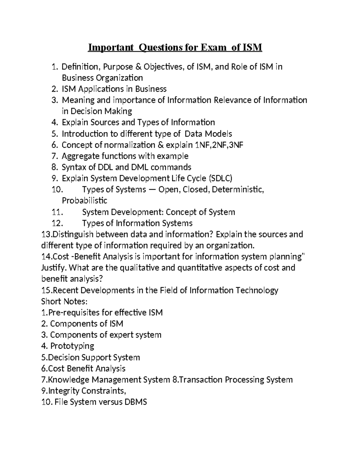 Important Questions for ISM - Important Questions for Exam of ISM 1 ...