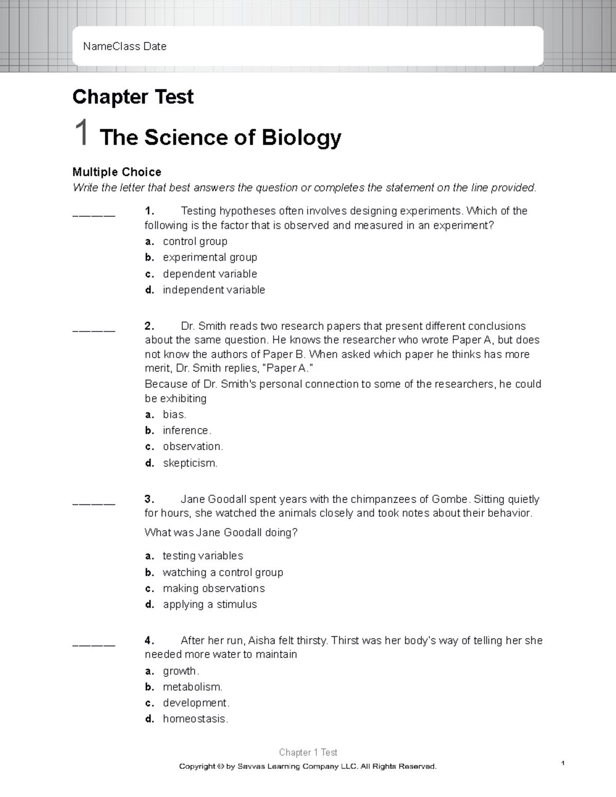 BIO CH01 Chapter Test 1 - Yuh - Chapter Test 1 The Science Of Biology ...