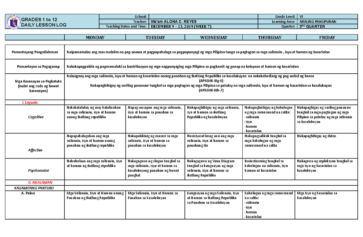 Araling Panlipunan 6 Q3 W7 DLL - GRADES 1 to 12 DAILY LESSON LOG School ...