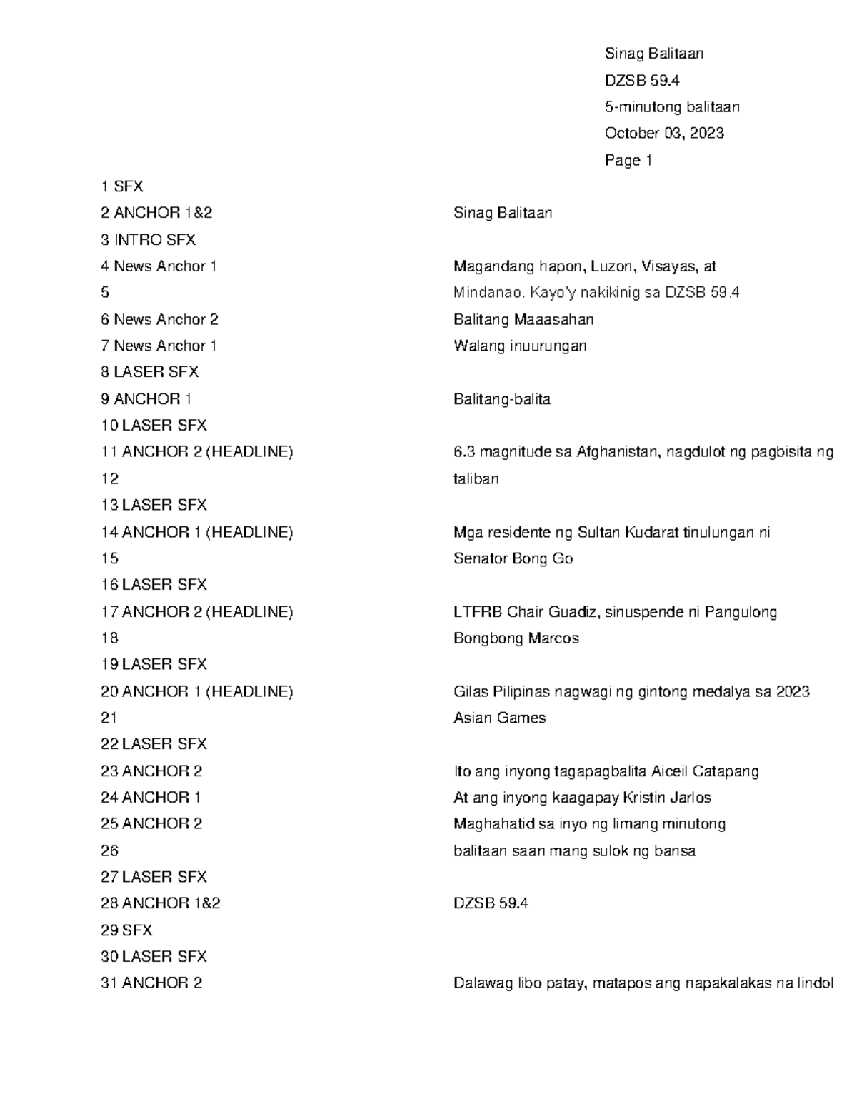 Broadcasting- Script-2 - DZSB 59. 5 - minutong balitaan October 03 ...