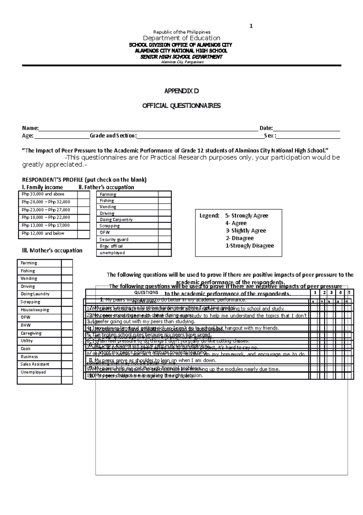 Questionnaires - Republic of the Philippines Department of Education ...