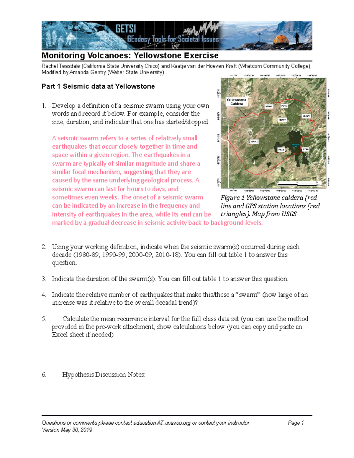 Yellowstone Worksheet - Monitoring Volcanoes: Yellowstone Exercise ...