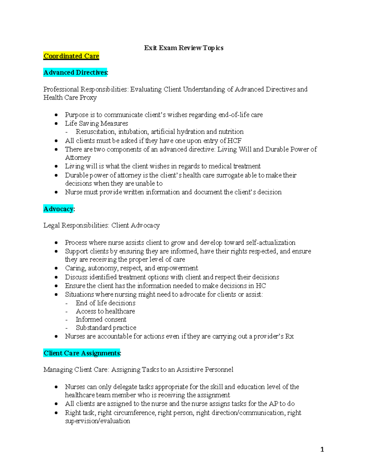 Exit Exam Review Topics pdf - Exit Exam Review Topics Coordinated Care ...