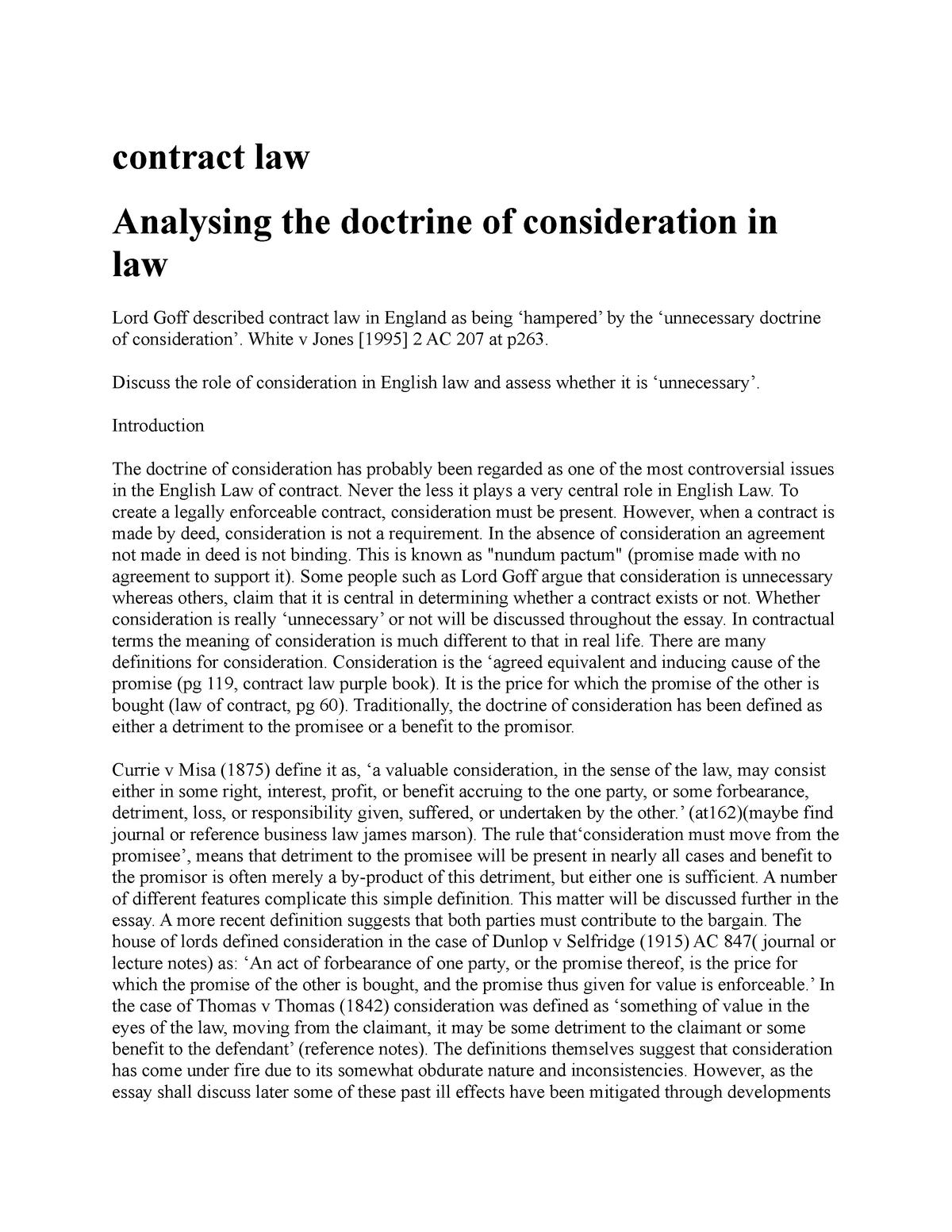 consideration in contract law essay