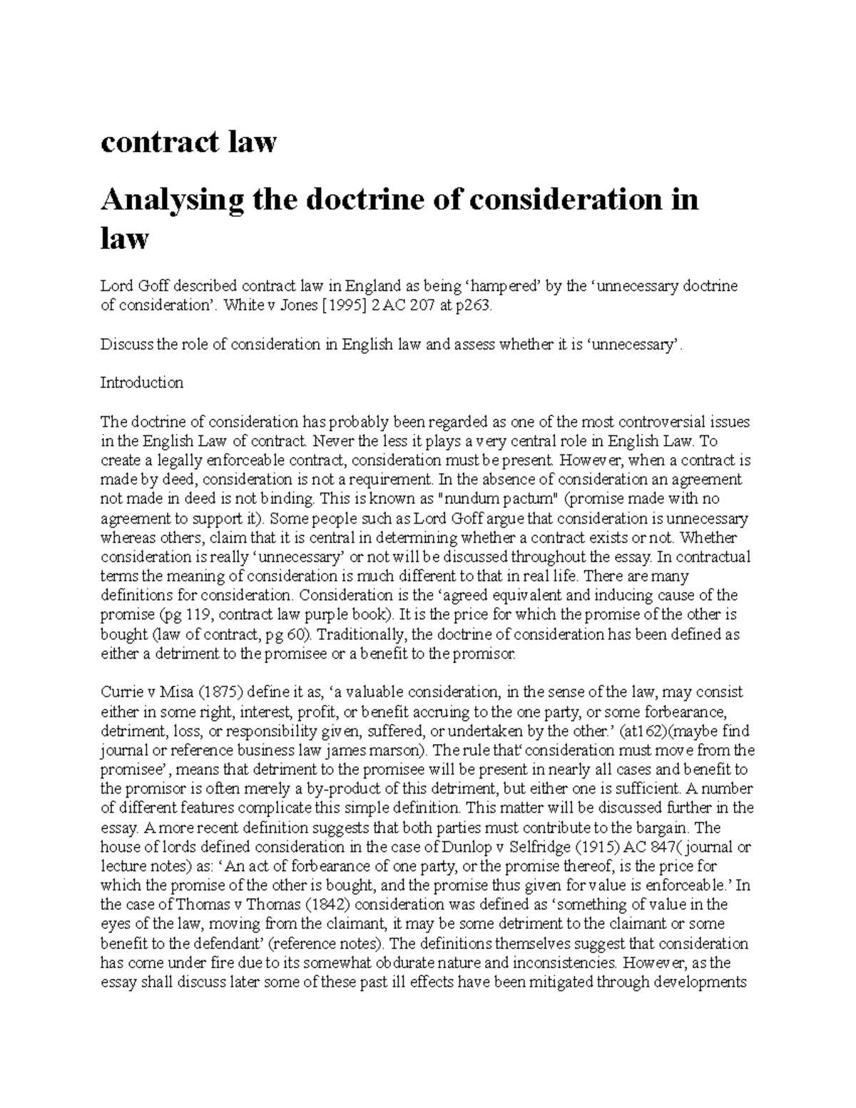 Contract Law Consideration Analysis Contract Law Analysing The 