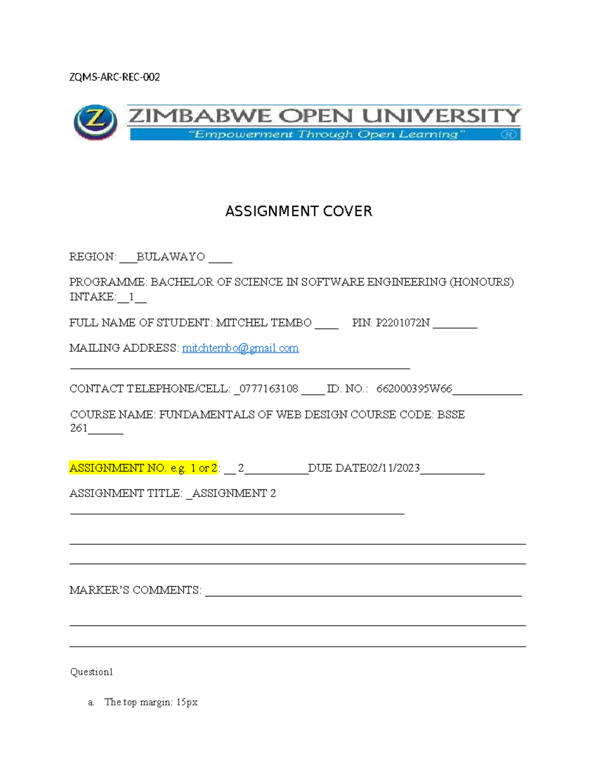 BSSE 261 Assignment 2 - Practice java - ZQMS-ARC-REC- ASSIGNMENT COVER ...