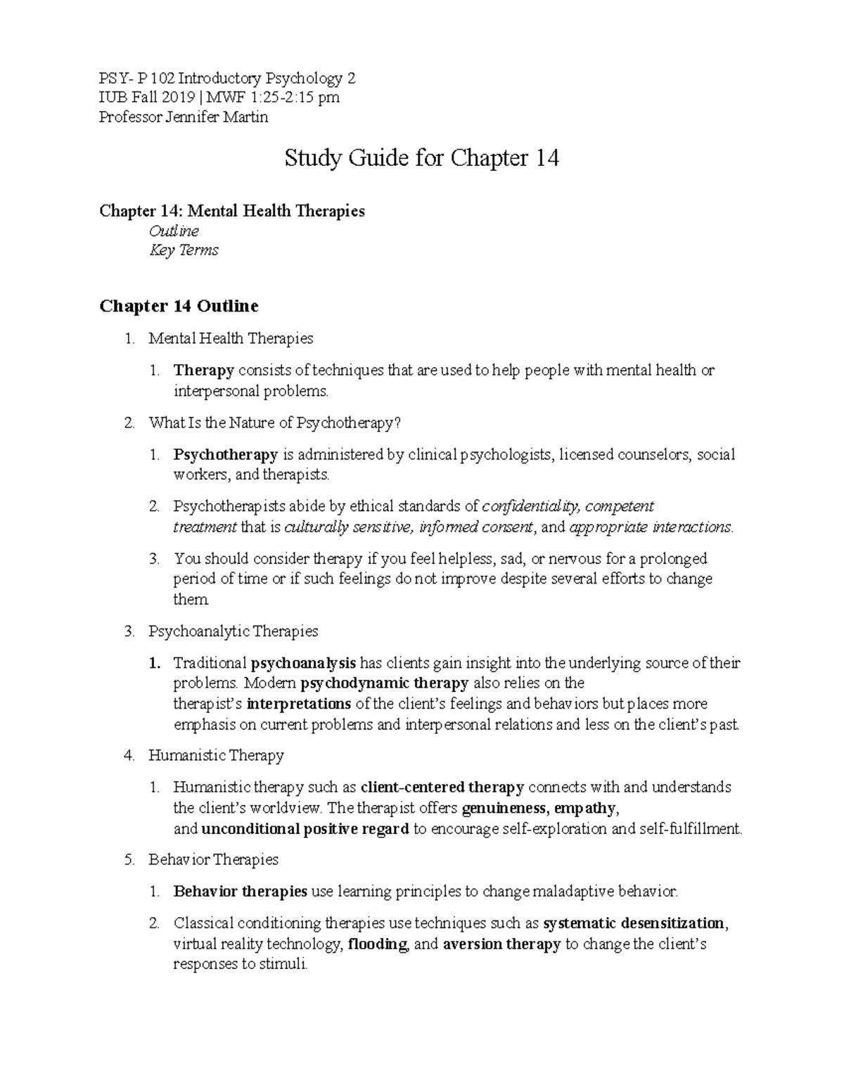 Quiz 5 Study Guide (Ch. 14) - PSY- P 102 Introductory Psychology 2 IUB ...