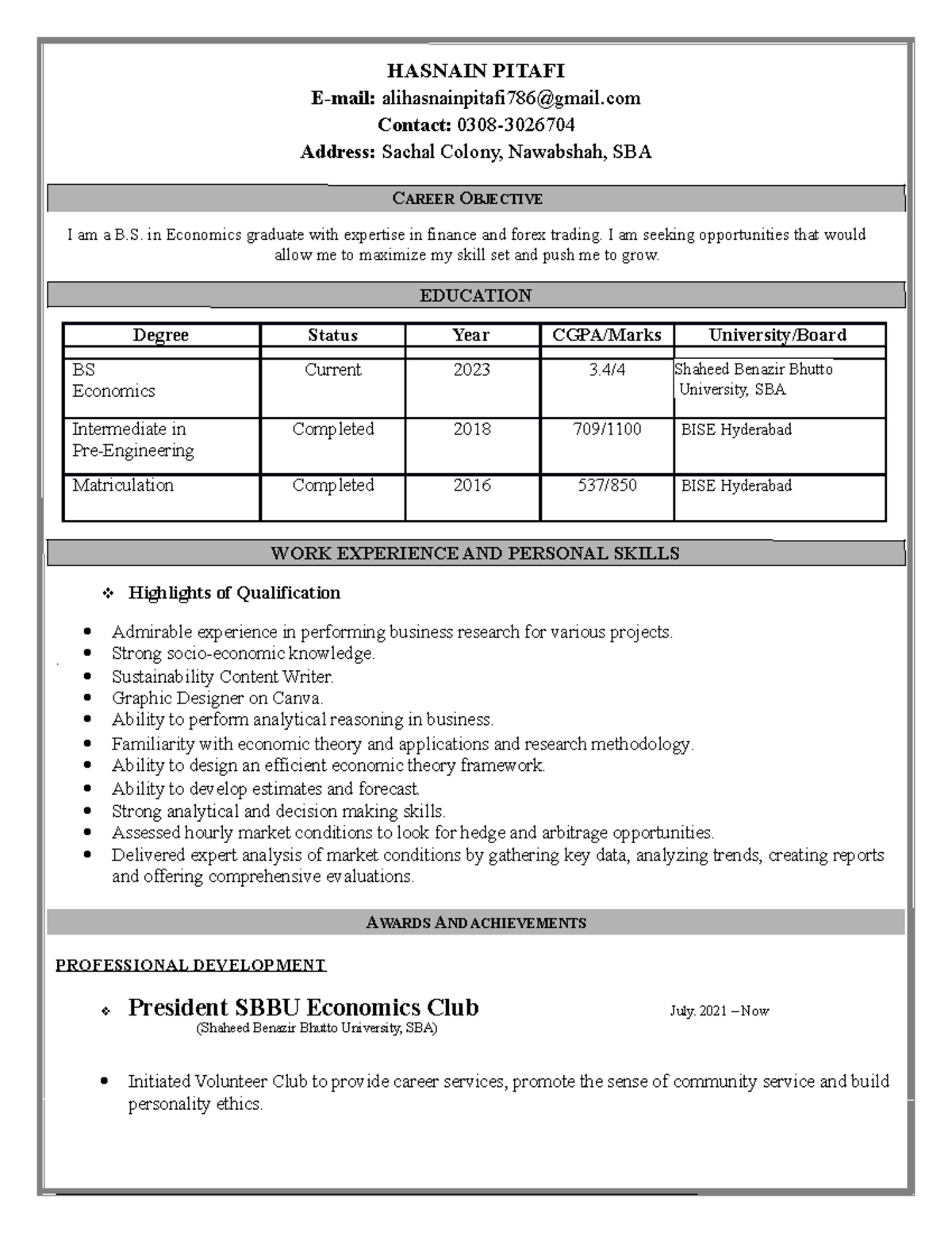 Hasnain CV - HASNAIN PITAFI E-mail: alihasnainpitafi786@gmail Contact ...