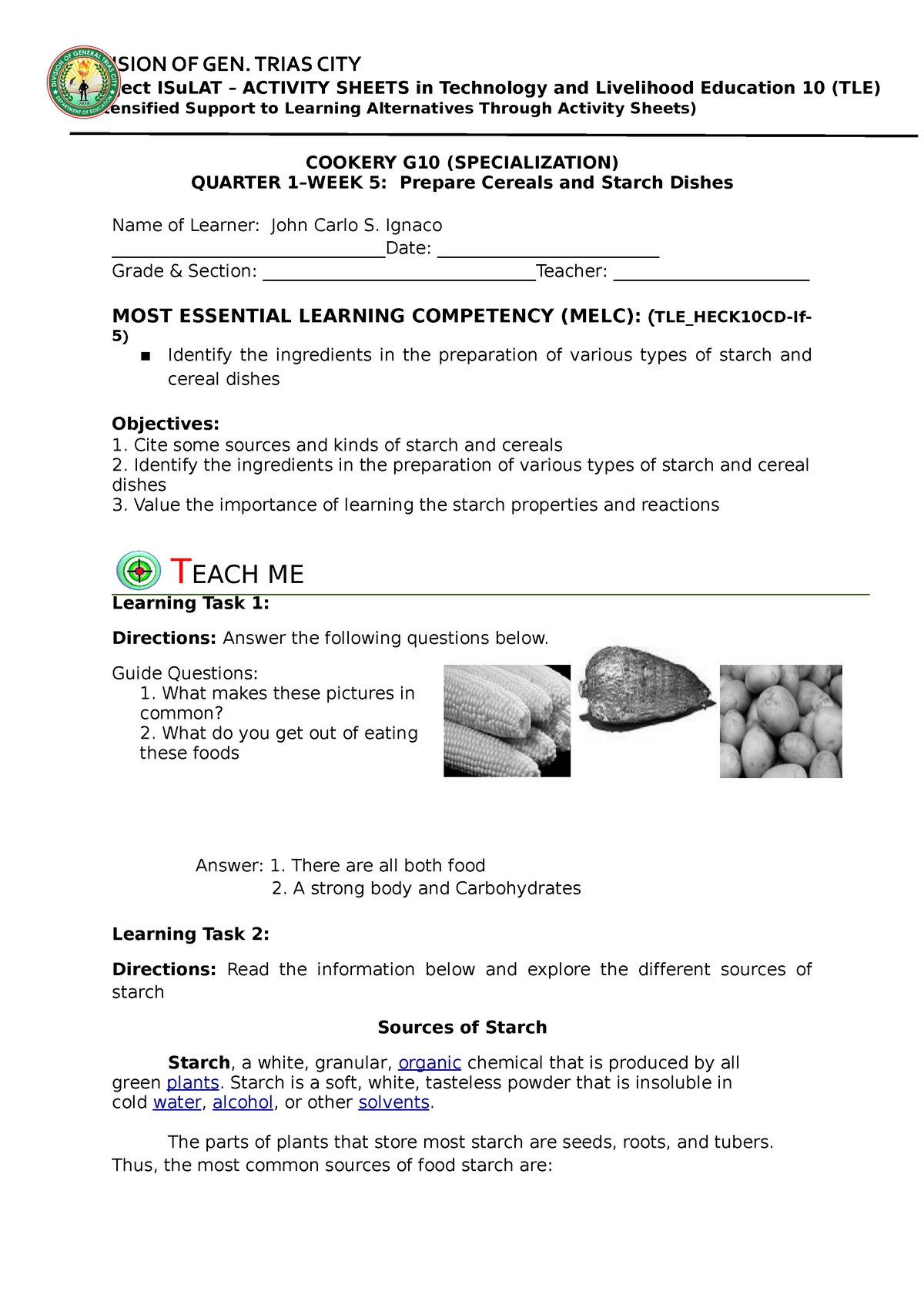 Cookery-10 Q1 W5 - Nites - COOKERY G10 (SPECIALIZATION) QUARTER 1–WEEK ...