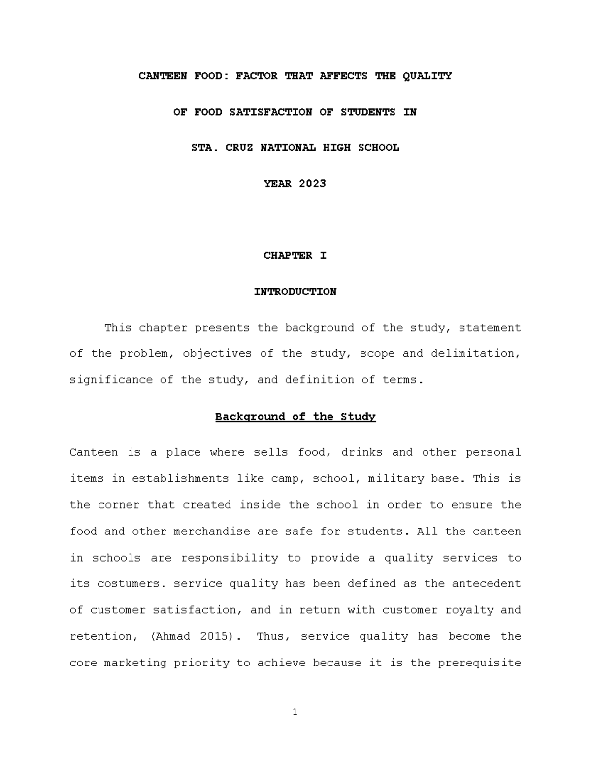 Research Chapter I Template CANTEEN FOOD FACTOR THAT AFFECTS THE