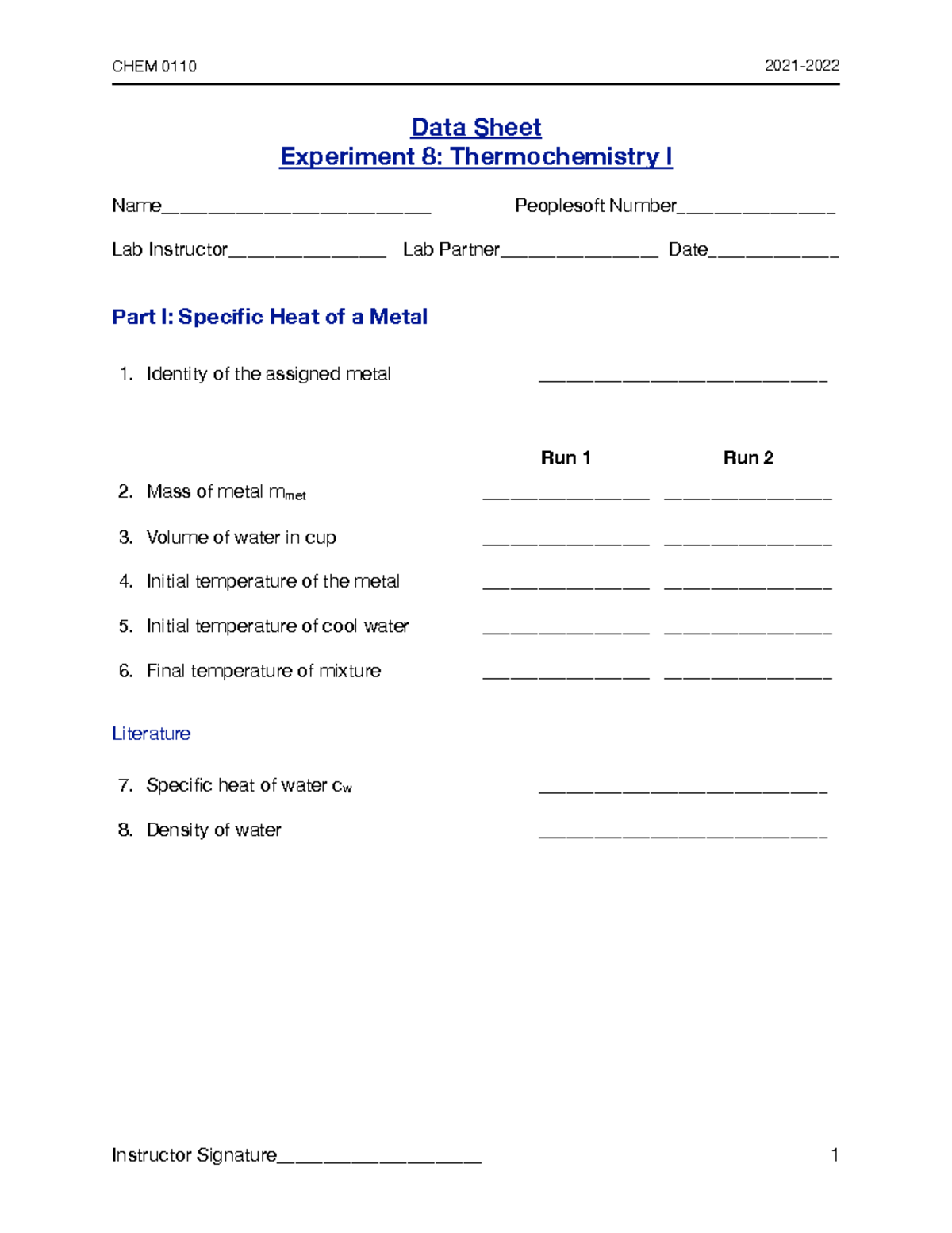 C0110 expt8 datasheets - CHEM 0110 2021- Data Sheet Experiment 8 ...