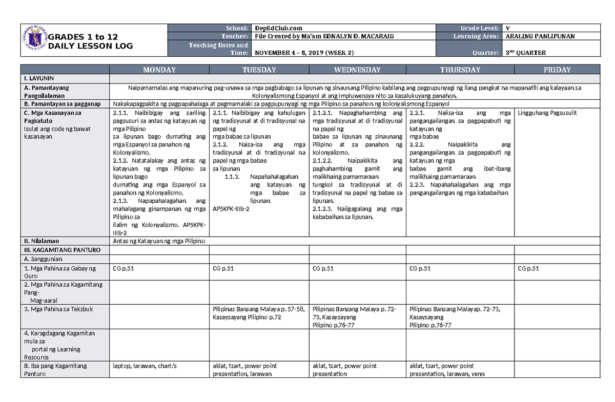 DLL Araling Panlipunan 5 Q3 W2 - GRADES 1 to 12 DAILY LESSON LOG School ...