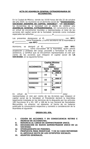 ACTA DE Asamblea General Extraordinaria . DE  - ACTA DE ASAMBLEA  GENERAL EXTRAORDINARIA DE - Studocu