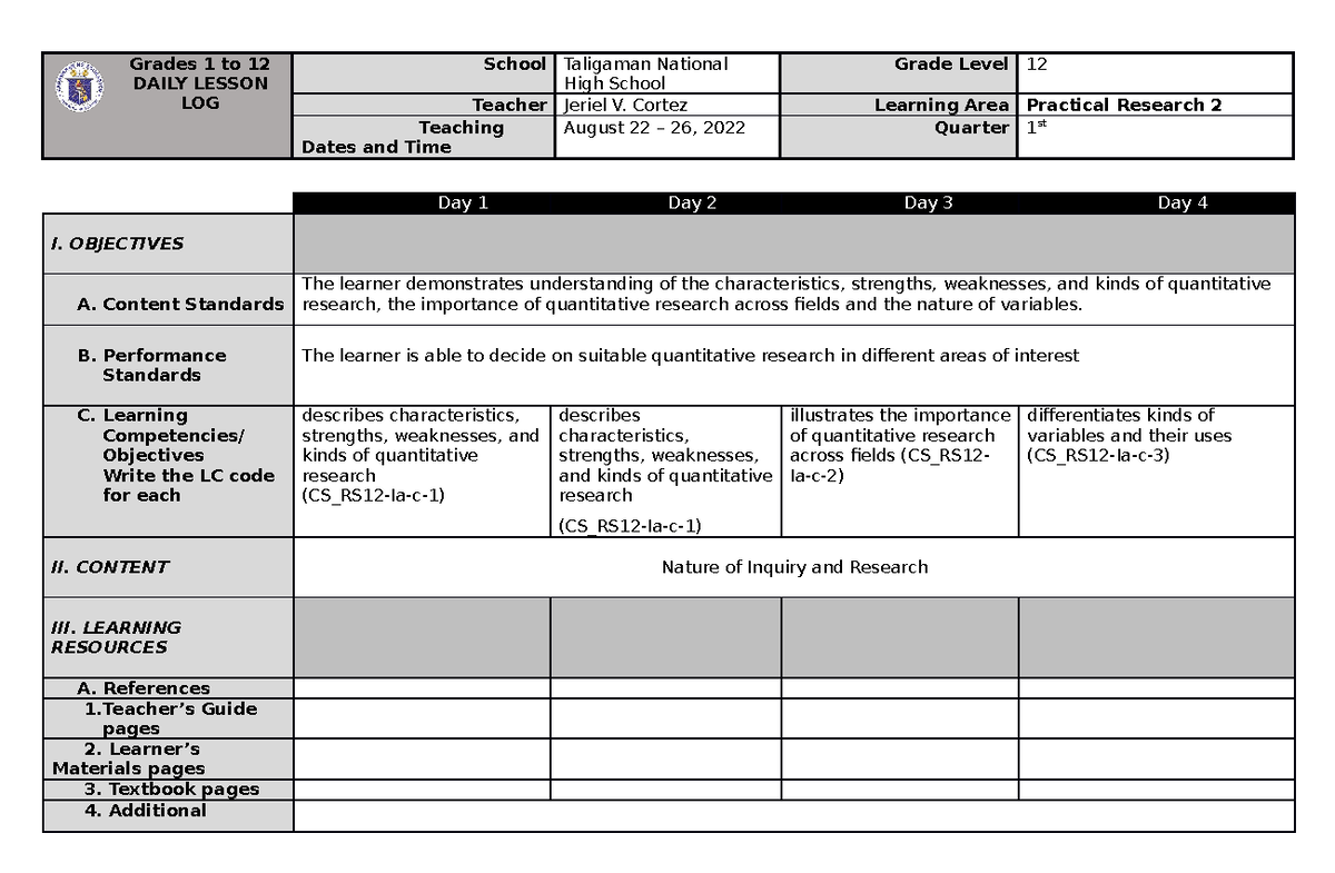 DLL Week 2 - Quantitative research - Grades 1 to 12 DAILY LESSON LOG ...