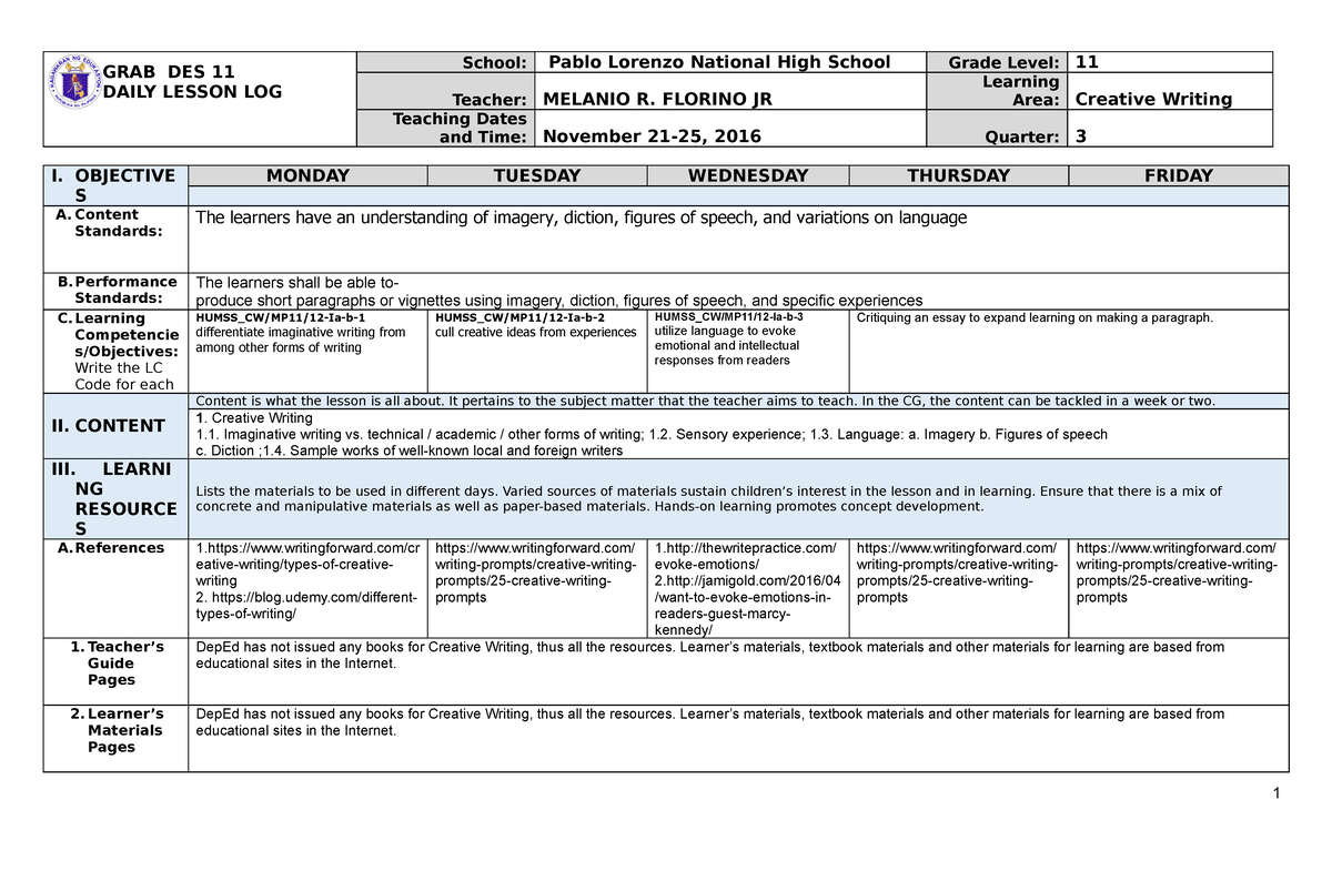 Dll-creative compress - GRAB DES 11 DAILY LESSON LOG School: Pablo ...