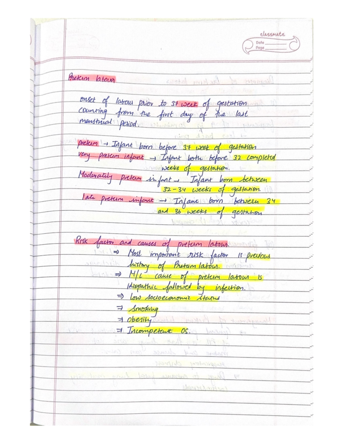 Preterm , Prom , Pprom And Post Term - classmate Date Page Preterm ...