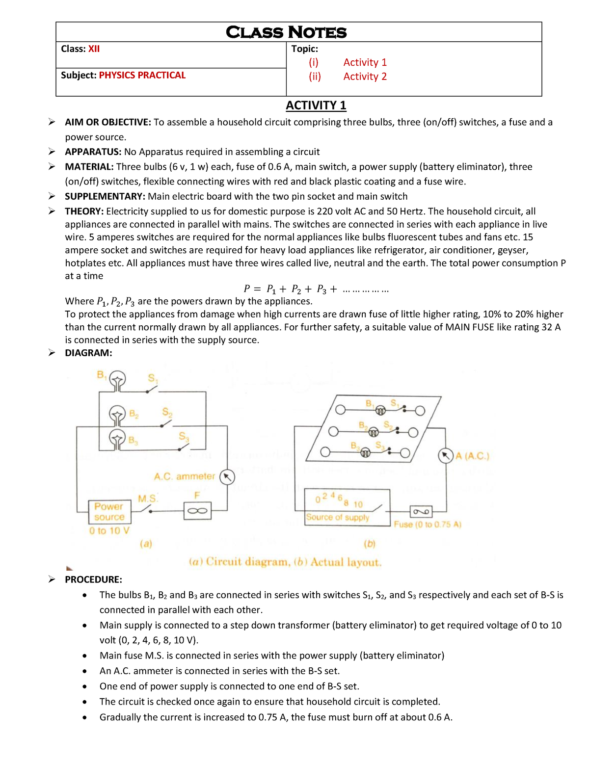 XII-PHY - Class Notes Class: XII Topic: (i) Activity 1 Subject: PHYSICS ...