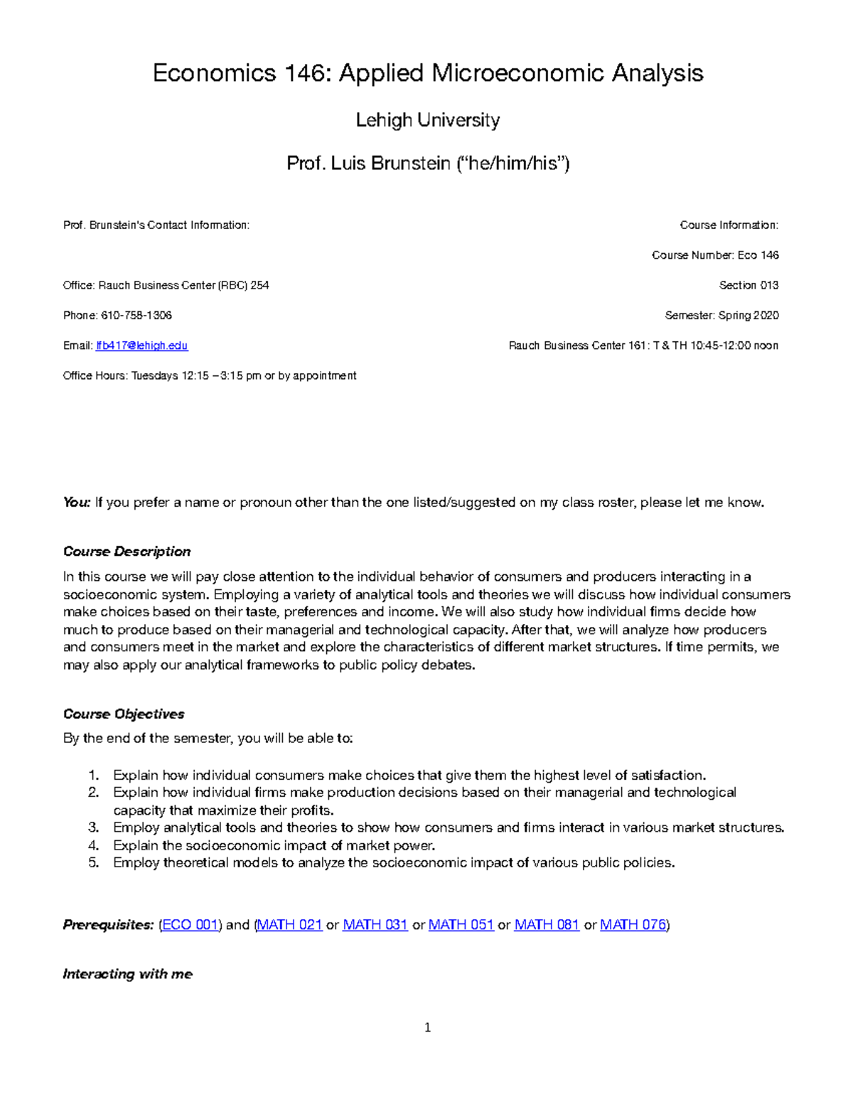 Syllabus Eco 146 section 13 Spring 2020 - Economics 146: Applied ...
