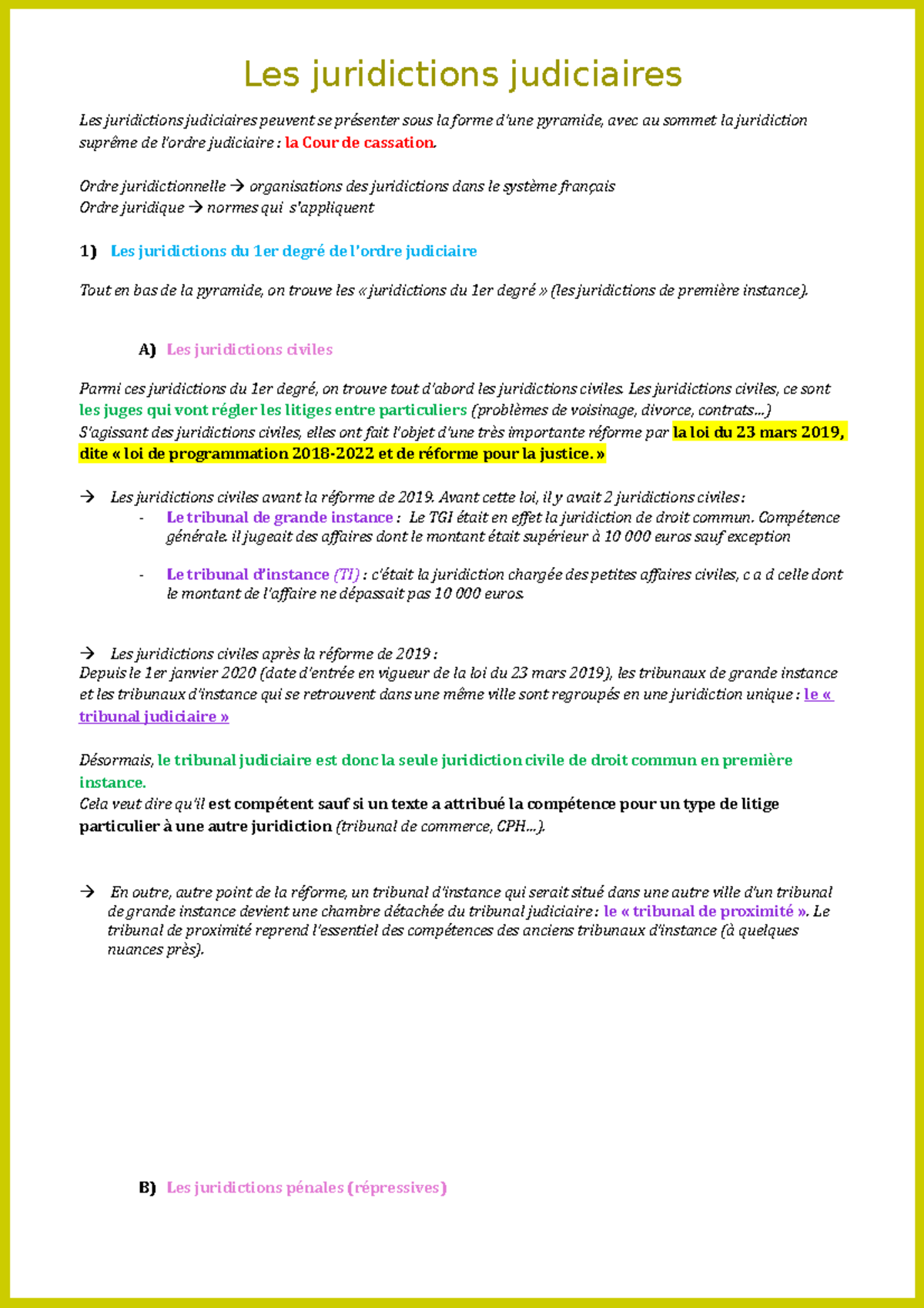 Les Juridictions Judiciaires - Ordre Juridictionnelle Organisations Des ...