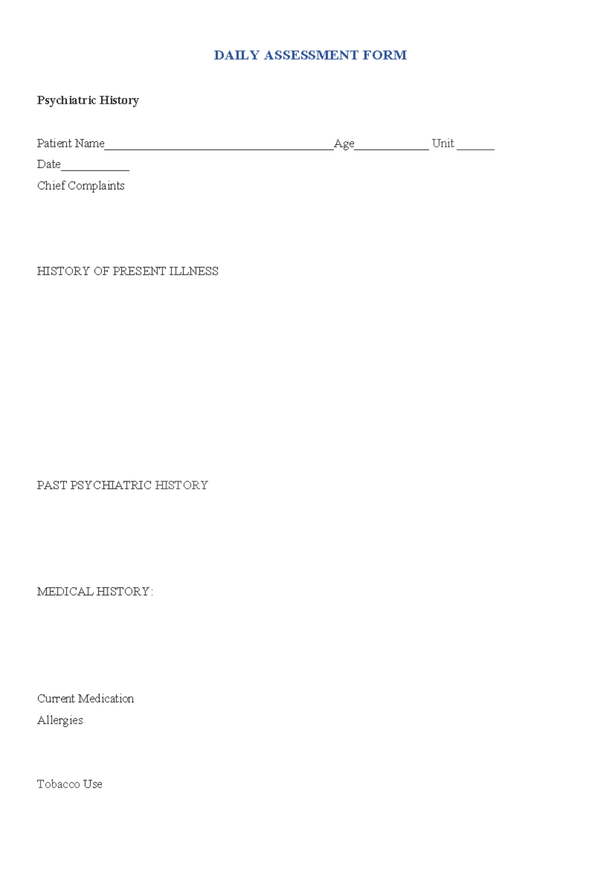 NUR 1520 Daily Assessment FORM - DAILY ASSESSMENT FORM Psychiatric ...