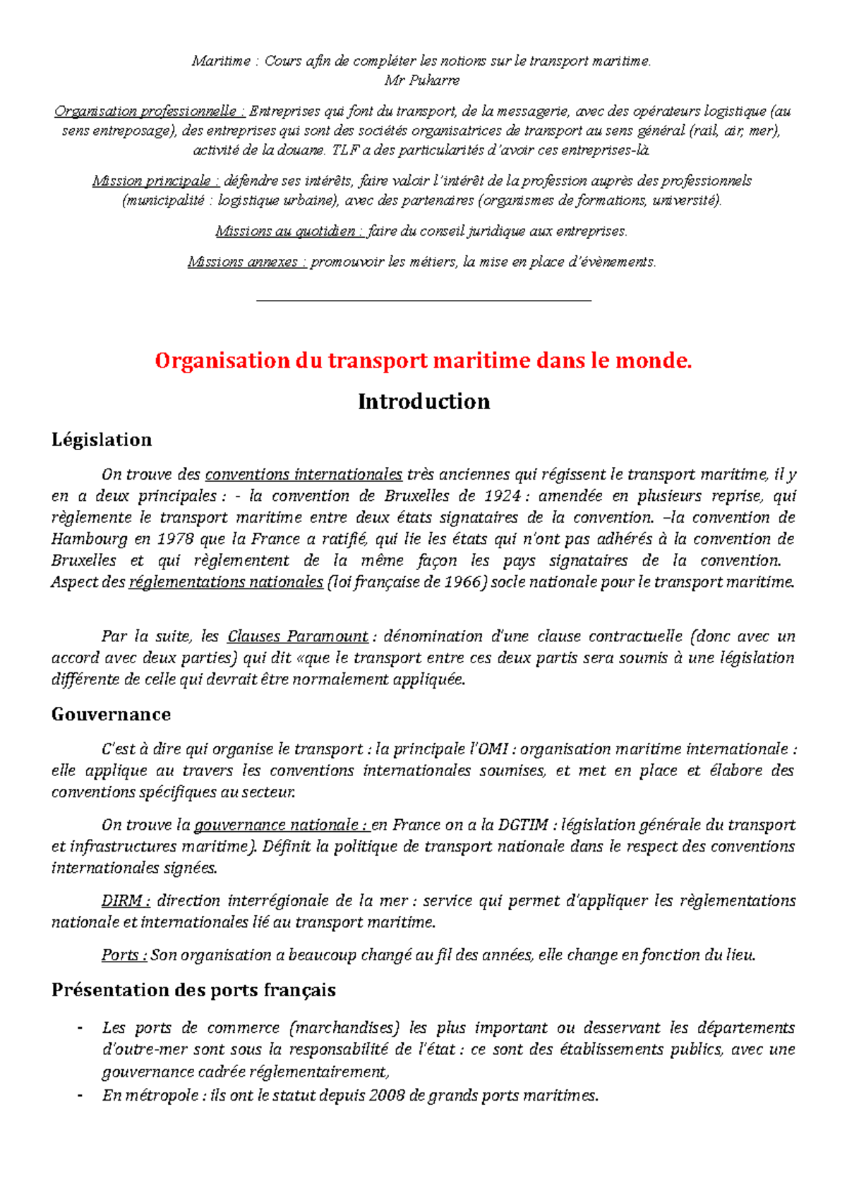 Intro transport maritime - Maritime : Cours afin de compléter les ...