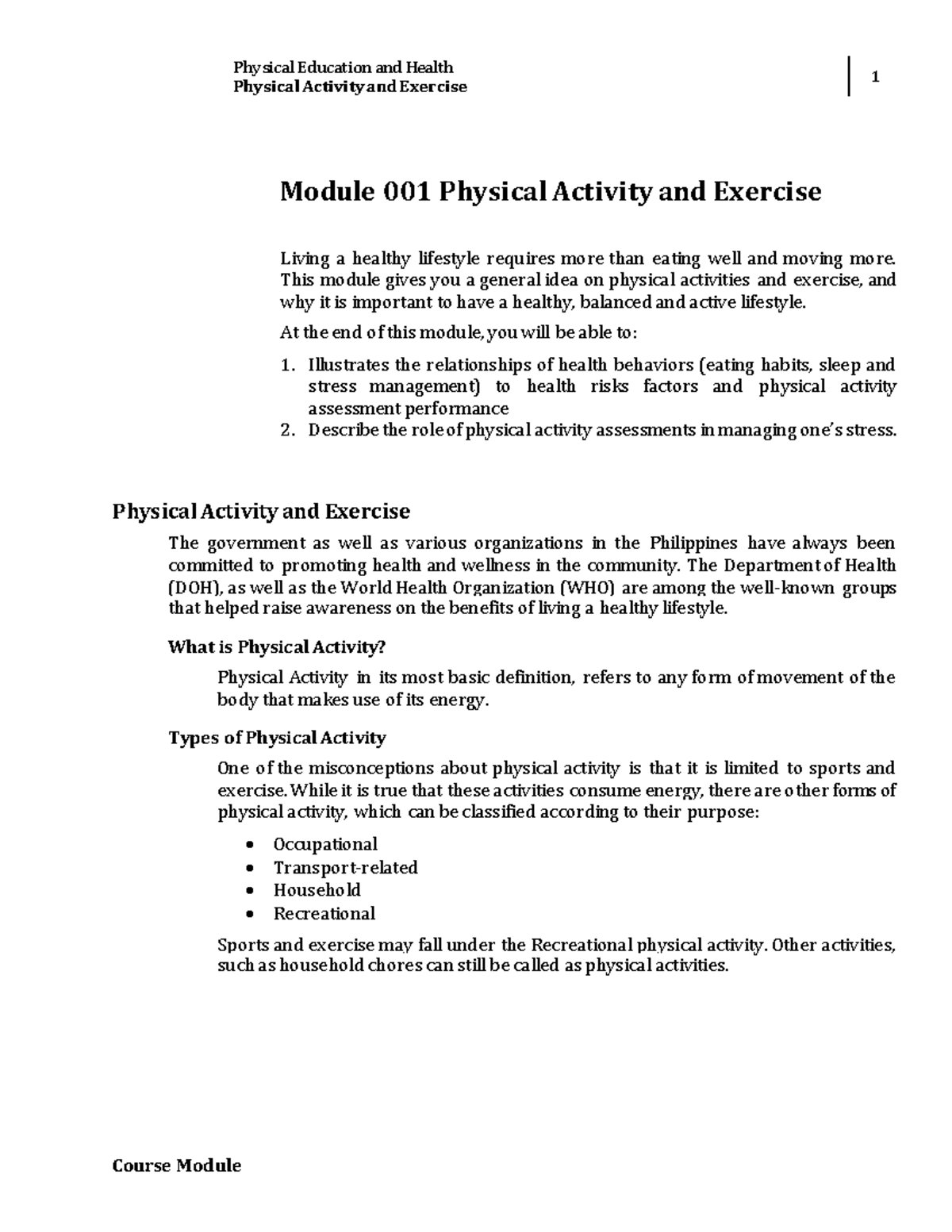 Week 001-Module Physical Activity and Exercise - Physical Education and ...