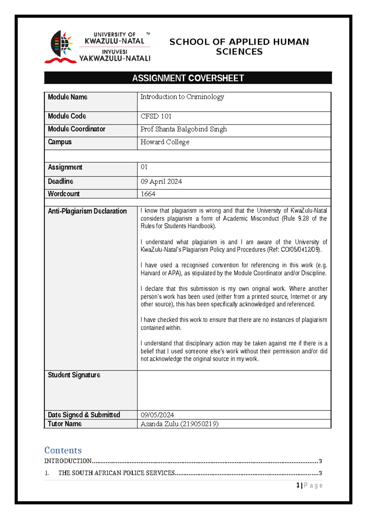 CFSD Assignment 1 - SCHOOL OF APPLIED HUMAN SCIENCES ASSIGNMENT ...