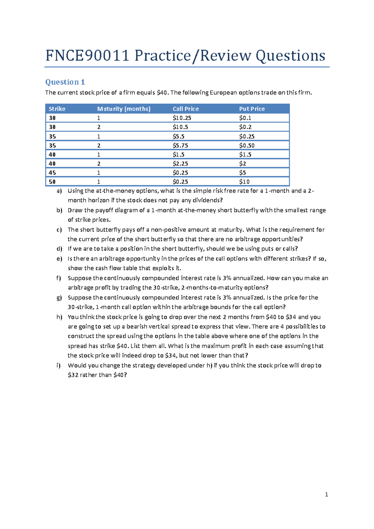FNCE90011 Practice Questions - Warning: TT: undefined function: 32 ...
