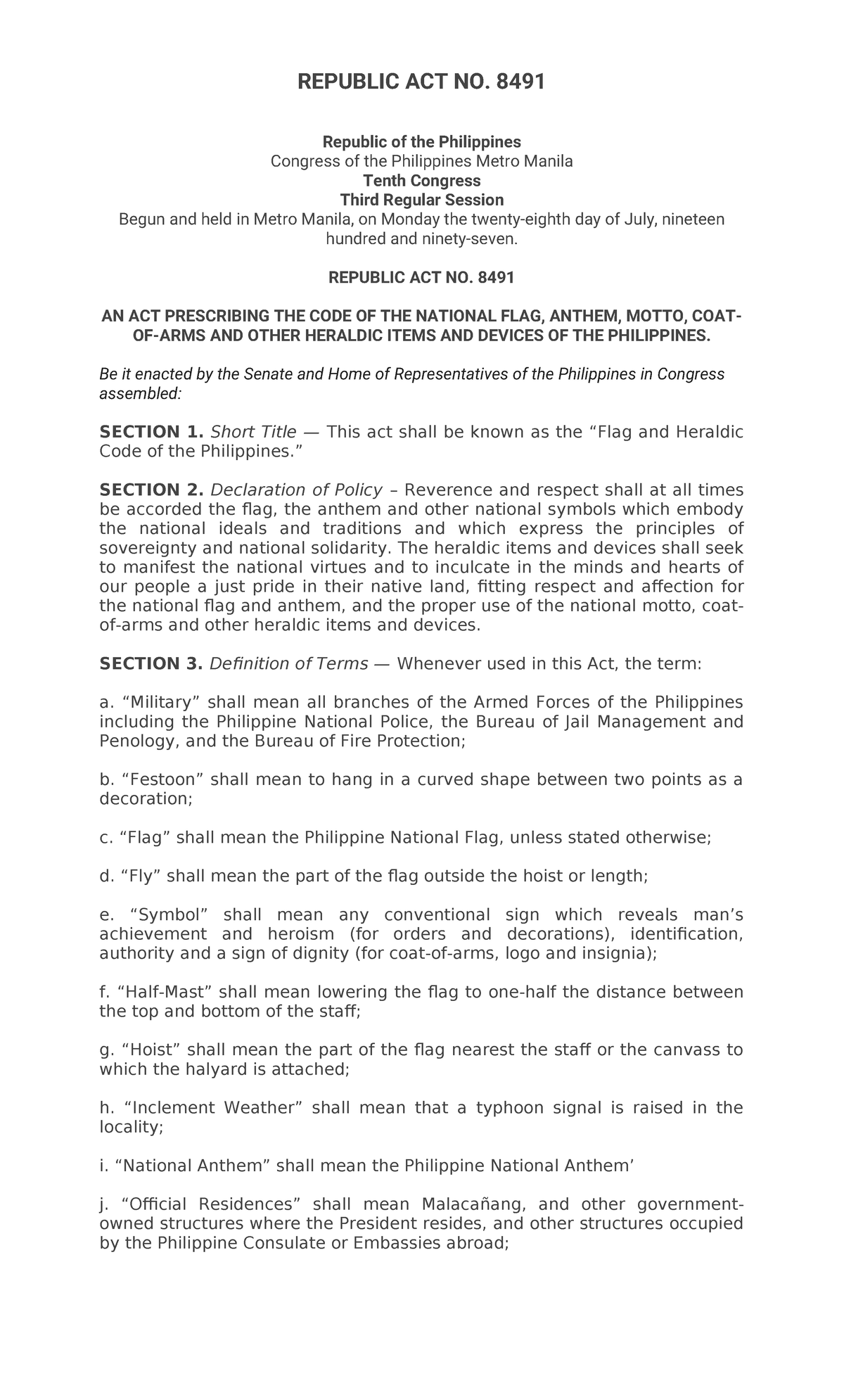 NSTP 2 - ... - REPUBLIC ACT NO. 8491 Republic of the Philippines ...